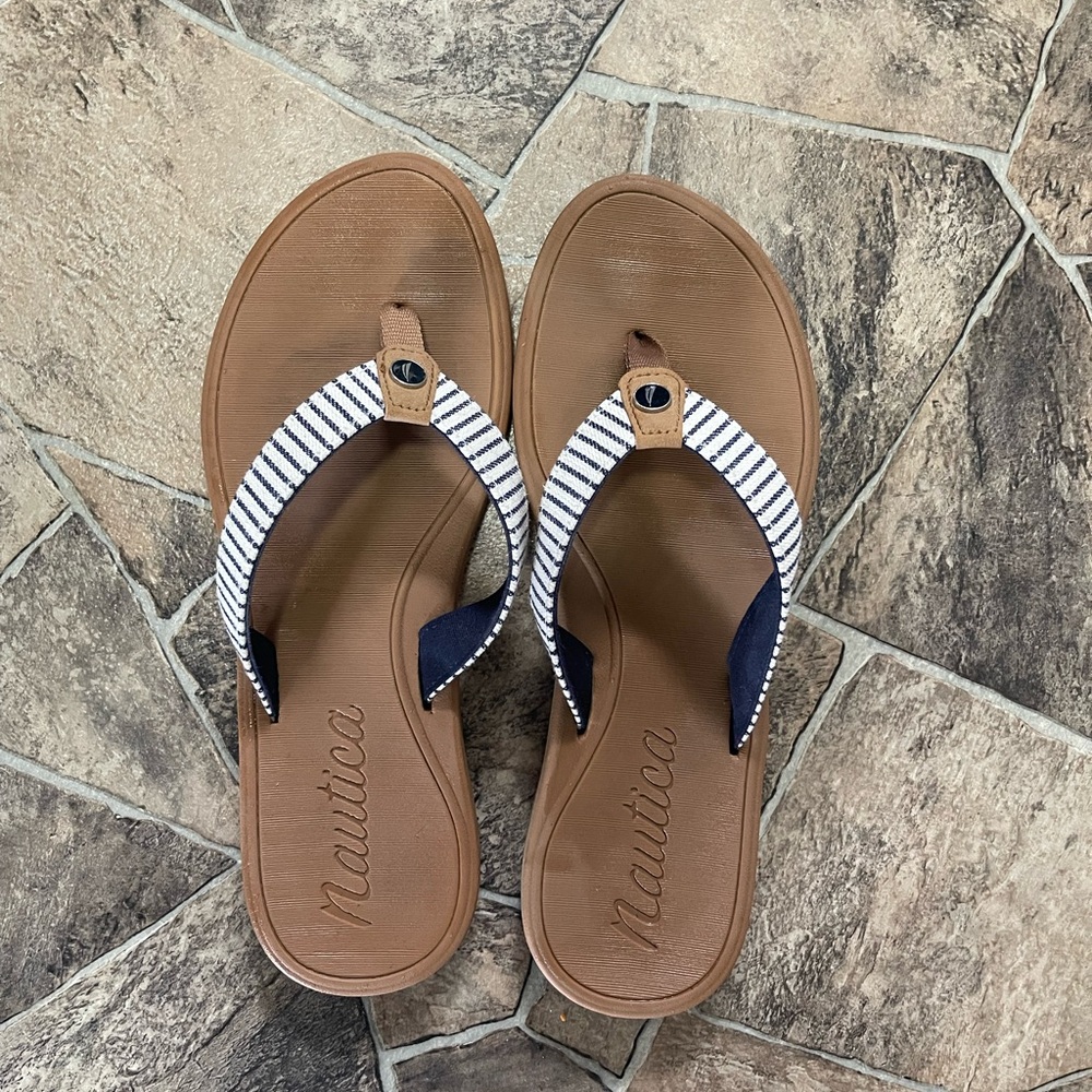 Nautica Brown Sandal Flip Flops with Navy & White Striped Straps